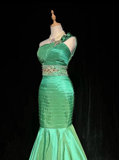 Vintage Prom Dresses Mermaid One Shoulder Green Pleated 90s Long Formal Evening Gown N2647