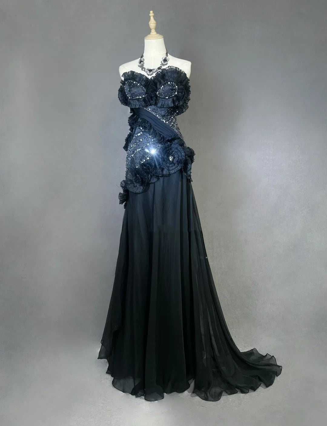 Vintage Prom Dresses Mermaid Sweetheart Black Tie Dress Chiffon With Beading 1980s Long Formal Gown N2621