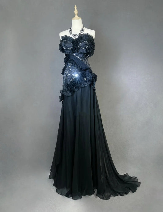 Vintage Prom Dresses Mermaid Sweetheart Black Tie Dress Chiffon With Beading 1980s Long Formal Gown N2621