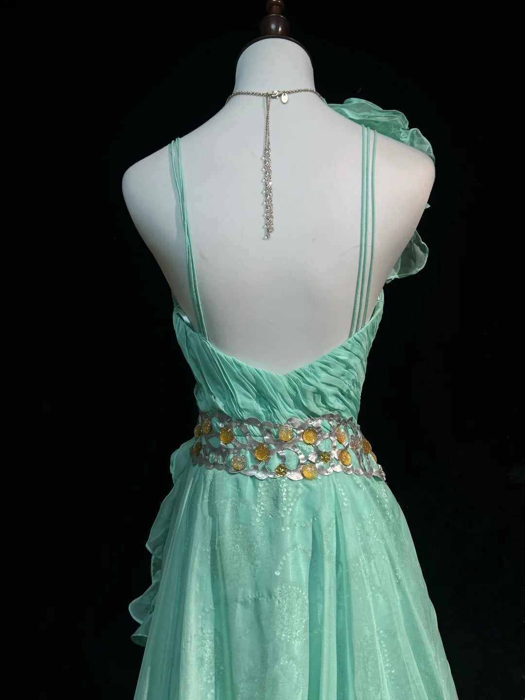 Vintage Prom Dresses A Line One Shoulder Mint Green 70s With Ruffles Chiffon Long Formal Party Dress N2525