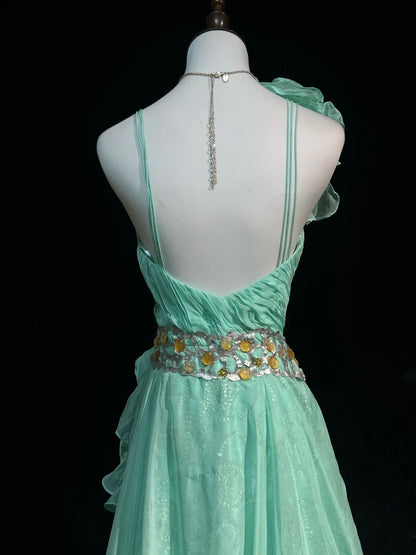 Vintage Prom Dresses A Line One Shoulder Mint Green 70s With Ruffles Chiffon Long Formal Party Dress N2525