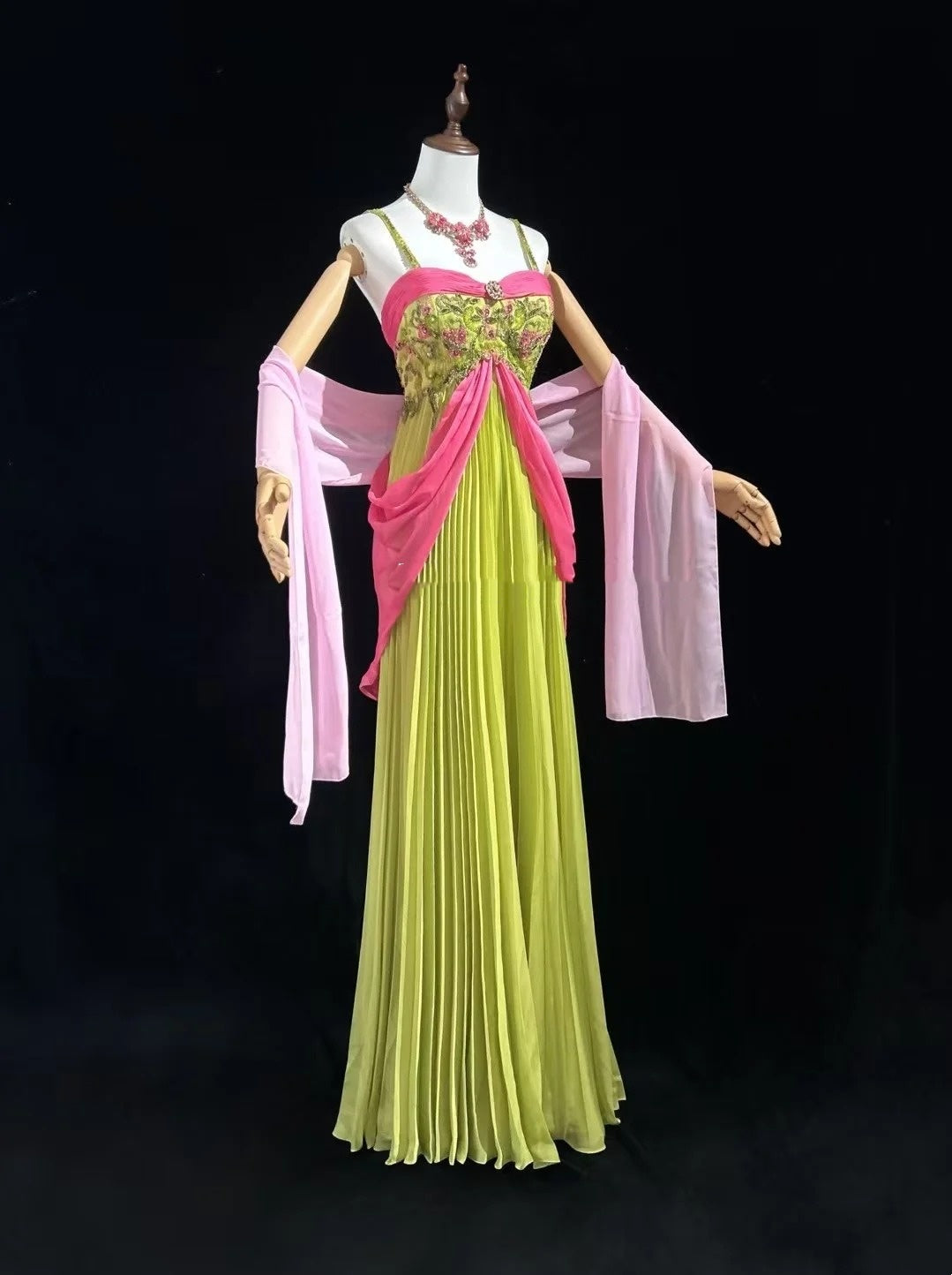 Vintage Prom Dresses A line Spaghetti Strap Pink Green Chiffon With Beading 1960s Long Formal Gown N2610