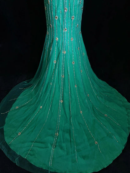 Glamorous Prom Dresses Mermaid V Neck Green Tulle Backless With Beaded Formal Dress N2872