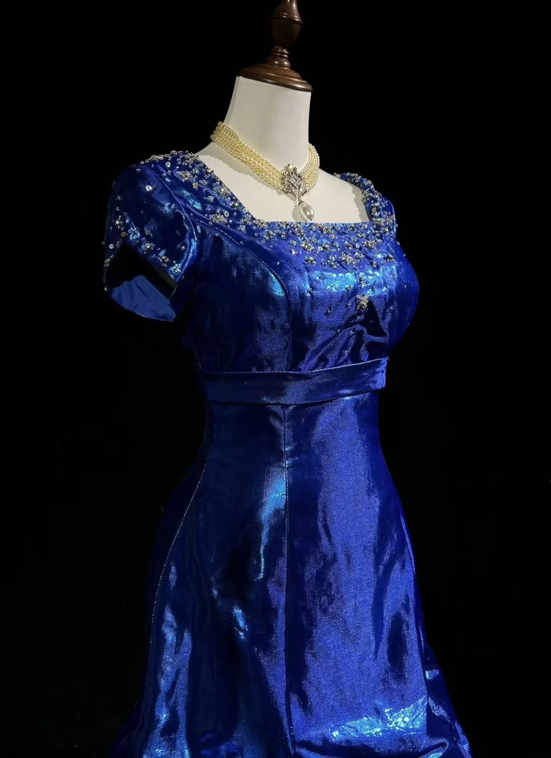 Vintage Prom Dresses 1960s Mermaid Square Neck Royal Blue Organza With Beaded Long Prom Gown N3116