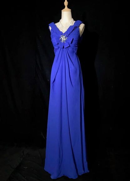 Vintage Prom Dresses Inspo A Line V Neck Royal Blue Chiffon Long 1990s With Beading Formal Gowns N3352