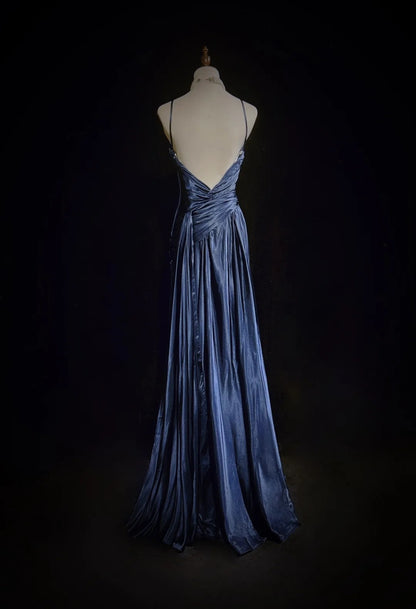 Vintage Prom Dresses A line Spaghetti Strap Navy Blue Satin 1990s Formal Evening Gown N2661