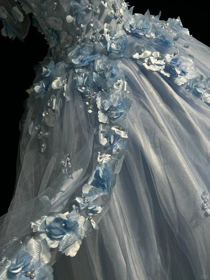 Beautiful Prom Dresses Ball Gown Off The Shoulder Tulle Blue With Appliqued Long Formal Gown N2926