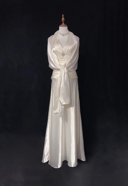 Vintage Prom Dresses A line Halter White Satin With Pleated Cape 1960s Long Formal Gown N2604