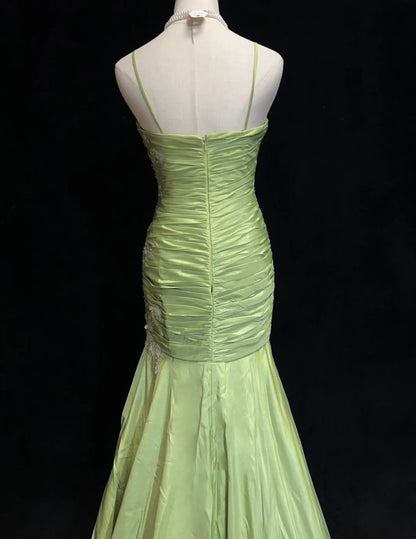 Vintage Prom Dresses Mermaid Spaghetti Strap Sage Green With Appliques 80s Long Formal Gown N2728