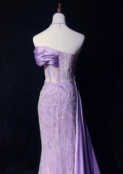 Vintage Prom Dresses Inspo Mermaid Strapless Lilac Sequined With Slit Beads 80s Long Formal Gown N2742