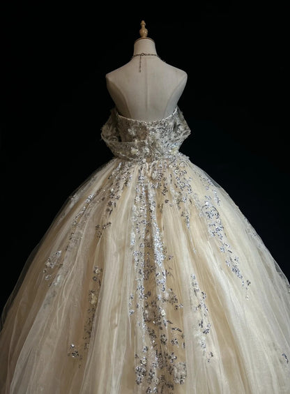 Glamour Prom Dresses Ball Gown Off The Shoulder Champagne With Flowers Formal Evening Outfits N3799