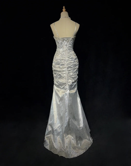 Charming Prom Dresses Mermaid Spaghetti Strap Silver Gray With Beaded Long Formal Evening Outfits N3687