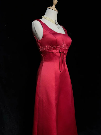 Vintage Prom Dresses Inspo A line Square Neck Red Satin 80s Long Formal Gowns With Cape N2857