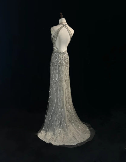 Vintage Prom Dresses Inspo Mermaid Halter Silver Gray Sequin 80s With Backless Formal Gowns N3369