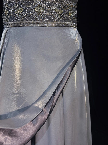 Modest Prom Dresses A line Spaghetti Strap Grey Satin Long Formal Evening Outfits N3617