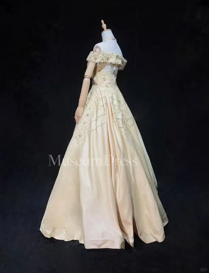 Vintage Prom Dresses 80s Ball Gown Off The Shoulder Champagne With Beading Evening Outfits N3468