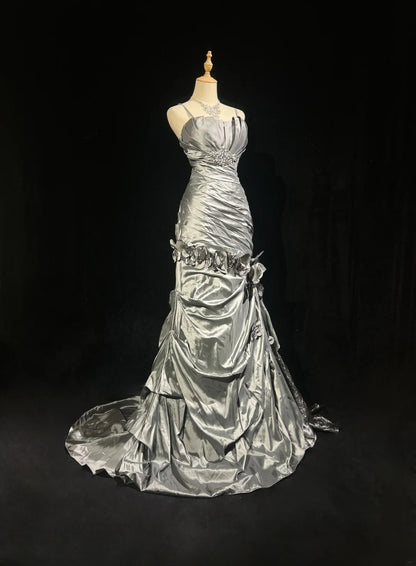 Beautiful Prom Dresses Mermaid Spaghetti Strap Silver Gray With Flowers Long Formal Evening Outfits N3684