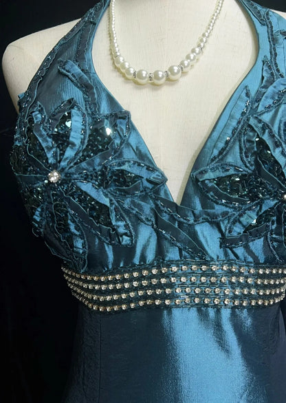 Vintage Prom Dresses Mermaid Halter V Neck Navy Blue Backless 1990s Long Formal Evening Gown N2642