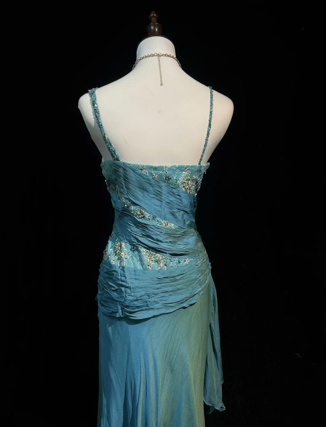 Vintage Prom Dresses A Line 2000s Spaghetti Strap Blue Chiffon With Beading Lace Long Formal Dress N2459