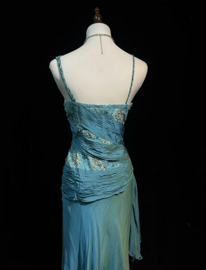 Vintage Prom Dresses A Line 2000s Spaghetti Strap Blue Chiffon With Beading Lace Long Formal Dress N2459