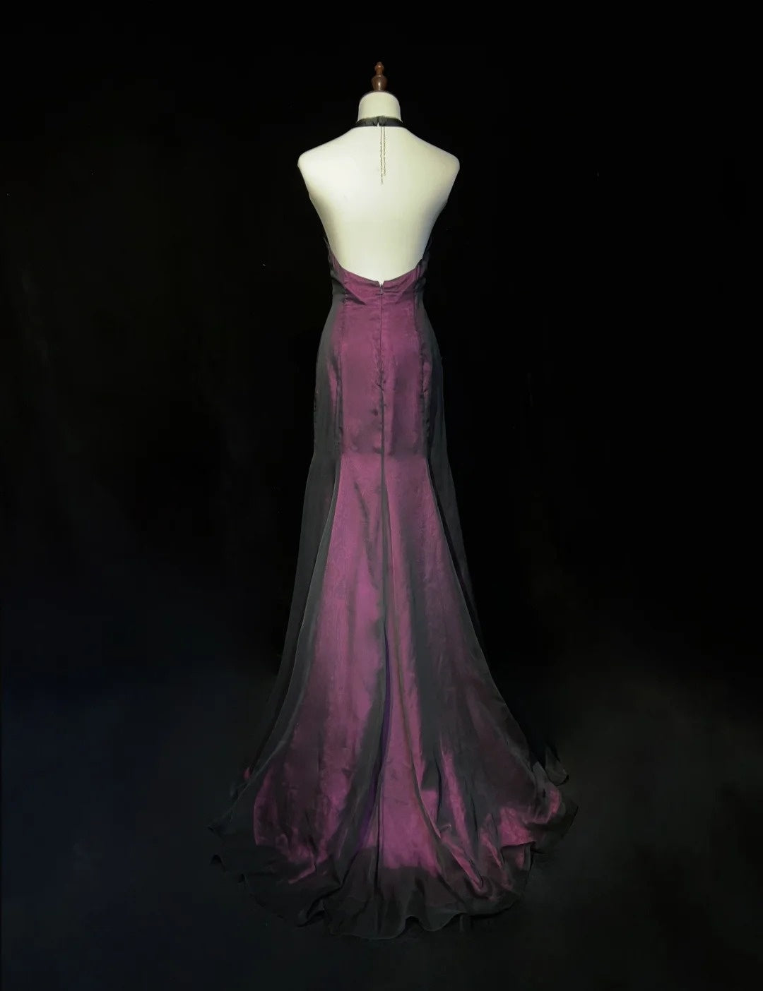 Vintage Prom Dresses Mermaid Halter Black Chiffon Purple Satin 1990s Formal Evening Gown N2654