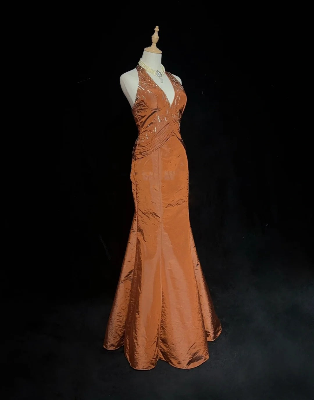Vintage Prom Dresses Mermaid Halter Orange Taffeta With Beads 90s Long Evening Gown N2917