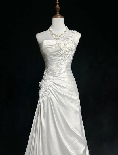 Vintage Prom Dresses Mermaid One Shoulder White With Ruffle Appliques Satin 90s Formal Gown N2589
