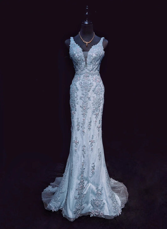 Vintage Prom Dresses Inspo Mermaid V Neck Light Sky Blue Long 1990s With Lace Appliqued Formal Gowns N3359