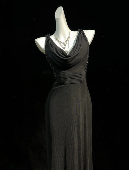 Black Prom Dress Inspo Mermaid Cowl Neck Backless With Beading 18th Birthday Outfits Formal Party Gown RC0127