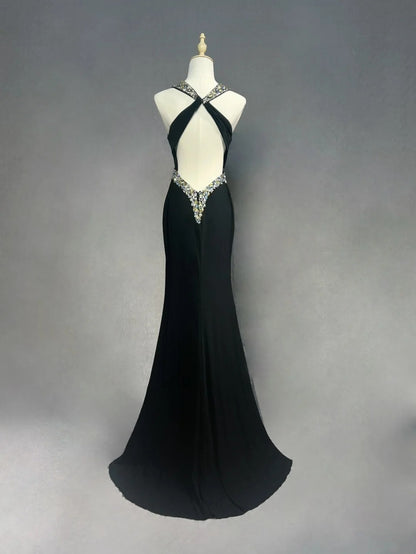 Vintage Prom Dresses Mermaid Halter Black Tie Dress Satin 70s With Beading Backless Long Formal Gown N2519