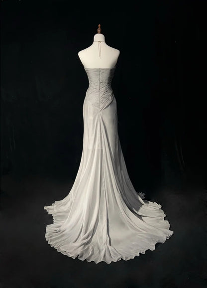 Vintage 90s Prom Dresses Sheath Sweetheart High Low Silver Grey Chiffon Long Prom Gown N3020