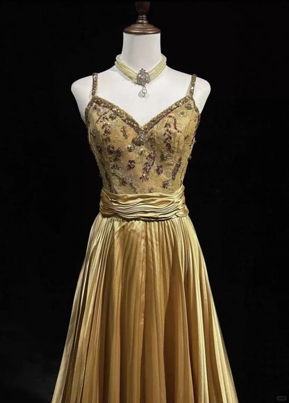 Vintage Prom Dresses 1950s A line Spaghetti Straps Gold Satin With Beads Sleeveless Evening Formal Outfits RB4335