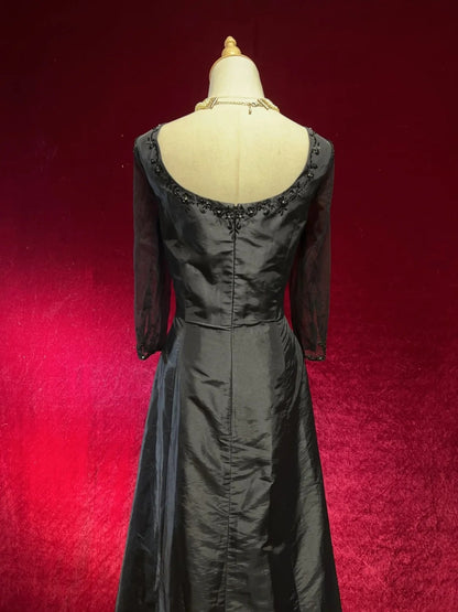 Charming Prom Dresses A Line Black Tie Dress With Embroidered Beaded Long Sleeves Formal Evening Outfits N3694