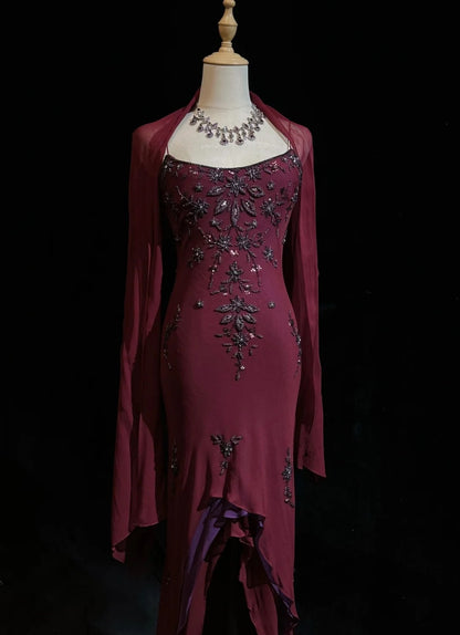 Unique Prom Dresses High Low Spaghetti Strap Burgundy Sleeveless With Beading Semi Formal Evening Dress N3794