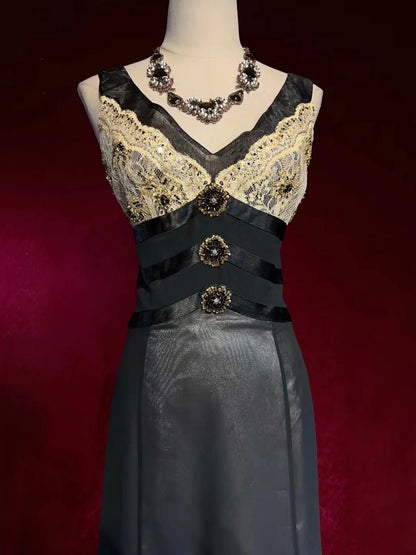 Vintage Prom Dresses Mermaid V Neck Beaded Satin Black 80s Evening Formal Dress RB3272