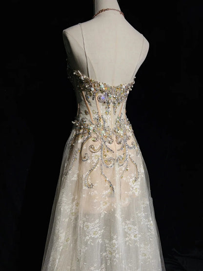 Vintage Prom Dresses 90s A line Spaghetti Strap Champagne Tulle Long Semi Formal Evening Outfits N3651