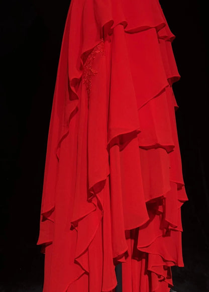 Vintage Prom Dresses A Line Sweetheart Red 70s With Ruffles Chiffon Long Formal Party Dress N2524