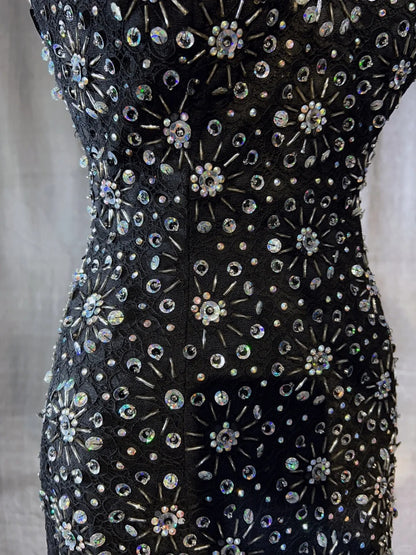 Vintage Prom Dresses 90s Mermaid Sweetheart Satin Black Tie With Silver Beading Ruffled Long Semi Formal Evening Dress N3671