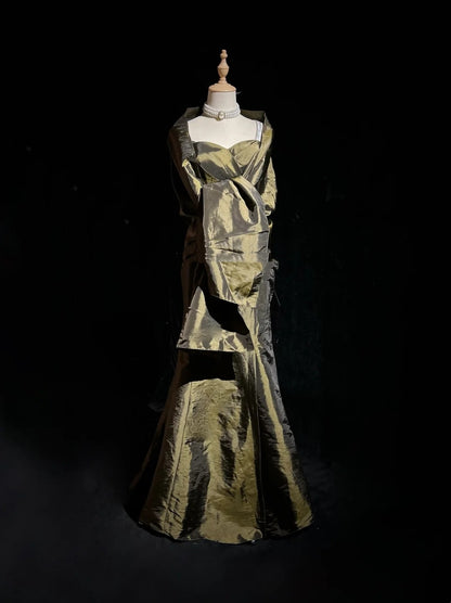 Vintage Prom Dresses Inspo Mermaid Spapghetti Strap Olive Green Long 1990s With Cape Formal Gowns N3327