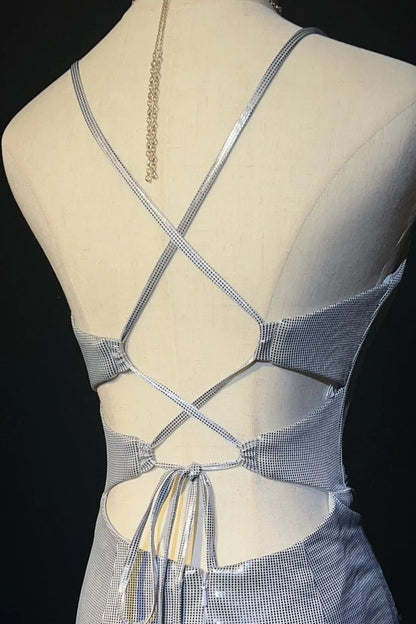 Vintage Prom Dresses Inspo Mermaid Spaghetti Strap Silver Backless 80s Long Formal Gown N2741