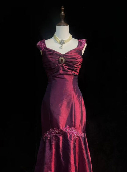Vintage Prom Dresses Mermaid Sweetheart Burgundy With Appliques 1960s Long Formal Gown N2607