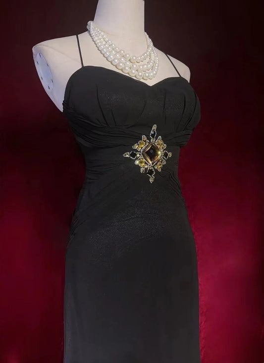 Vintage Prom Dresses A Line Spaghetti Strap Black Tie Dress With Beads 80s Long Formal Gown N2730