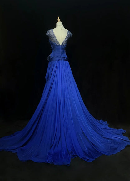 Classy Prom Dresses A Line Scoop Royal blue Chiffon Lace With Beading Long Formal Gown N2916