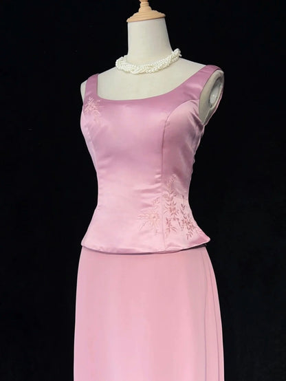 Vintage Prom Dresses A line Square Neck Pink Satin With Pearls 90s Long Formal Evening Gown N2662