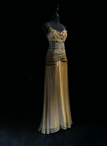 Ombre Gold Prom Dress Inspo A line Spaghetti Straps 18th Birthday Outfits Formal Party Gown RC0110