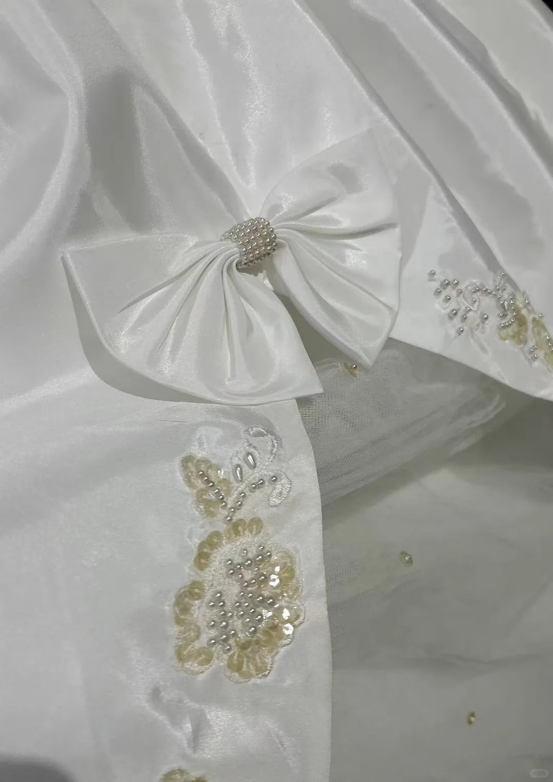 Princess Satin Off Shoulder White With Pearls Sweet 16 Dress Ball Gown Formal Party Sweet Sixteen Dress RC0112
