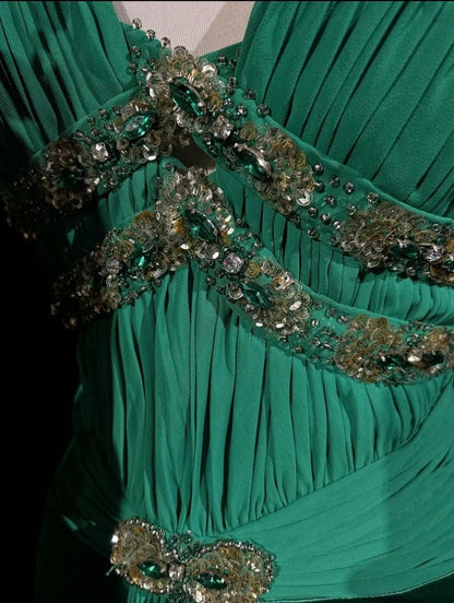 Vintage Prom Dresses Mermaid V Neck Green Chiffon With Ruffles Backless Long Formal Dress N2512