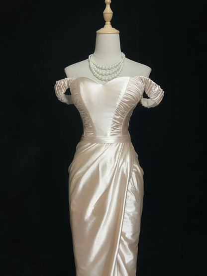 Vintage 90s Prom Dresses Mermaid Off The Shoulder Champagne Satin Long Prom Gown N3010