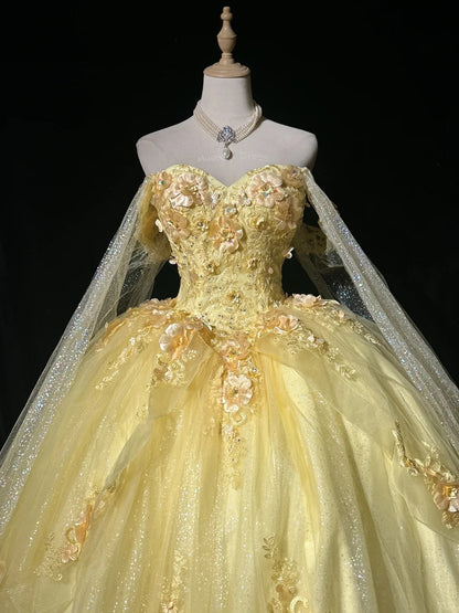 Fairy Quinceanera Dress Ball Gown Off The Shoulder Yellow Flowers Tulle With Lace Quince Dresses RC1136