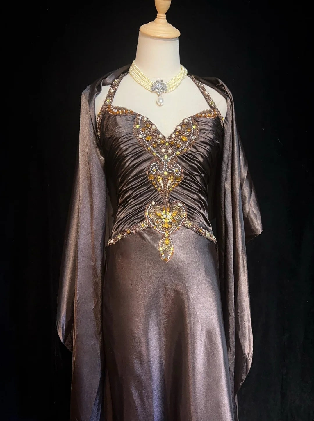 Vintage Prom Dresses A Line Halter Brown Sleeveless Satin With Cape Beading 1980s Long Formal Gown N2864